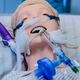 A ventilator affixed to a dummy at a training drill in Universitaetsklinikum Eppendorf in Hamburg, March 25, 2020.